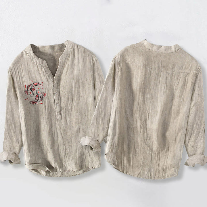 Chemise à manches longues pour homme en coton et lin, motif yin et yang, ornée de pierres de Buddha Stones et de carpes koï. - image 2