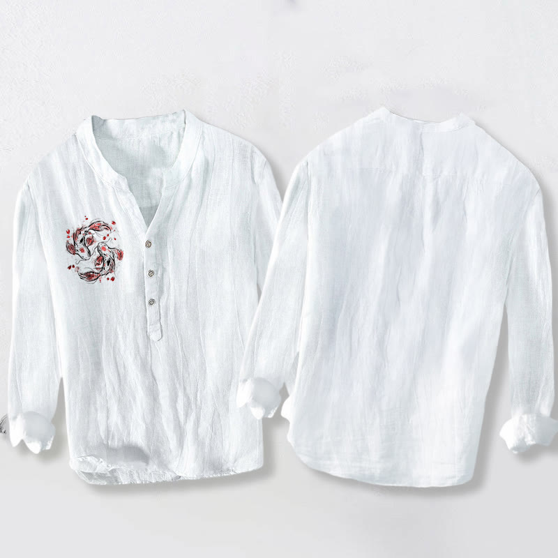 Chemise à manches longues pour homme en coton et lin, motif yin et yang, ornée de pierres de Buddha Stones et de carpes koï. - image 8