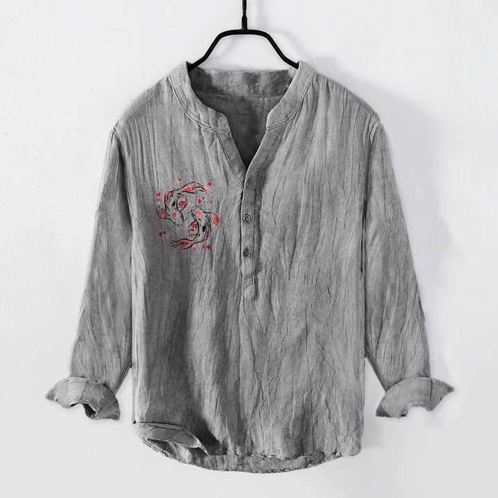 Chemise à manches longues pour homme en coton et lin, motif yin et yang, ornée de pierres de Buddha Stones et de carpes koï. - Gris - US/UK/AU50，EU60 (5XL) - image 3