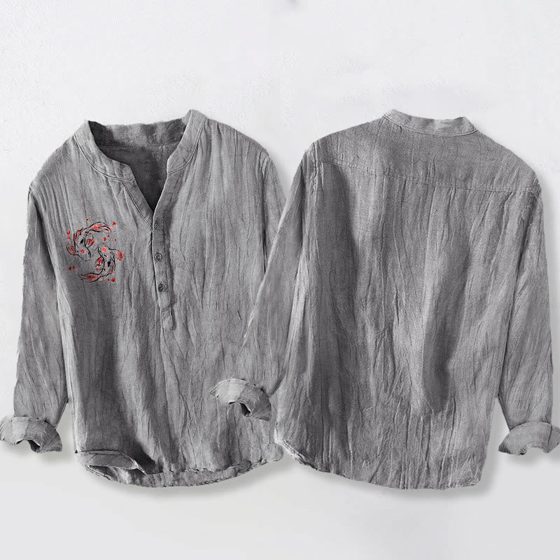 Chemise à manches longues pour homme en coton et lin, motif yin et yang, ornée de pierres de Buddha Stones et de carpes koï. - image 5