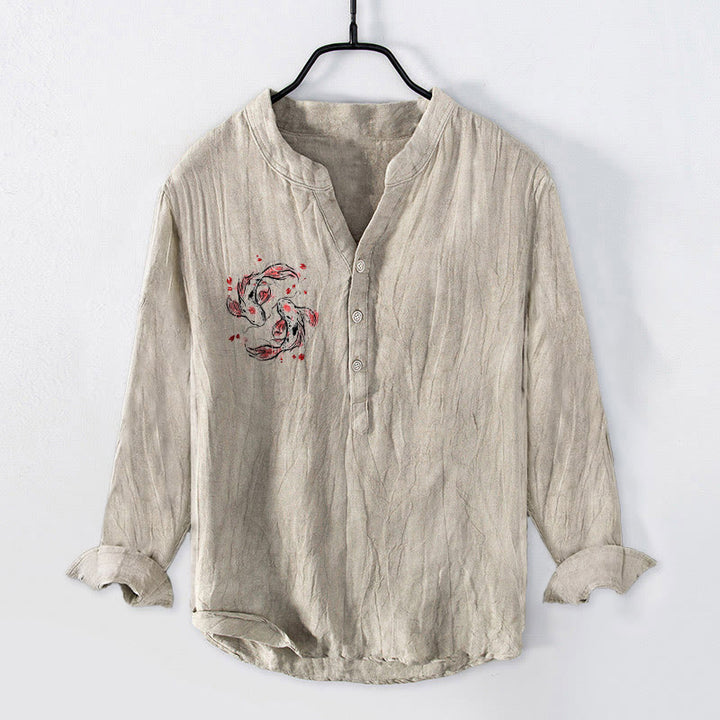 Chemise à manches longues pour homme en coton et lin, motif yin et yang, ornée de pierres de Buddha Stones et de carpes koï. - Lin - US/UK/AU50，EU60 (5XL) - image 0