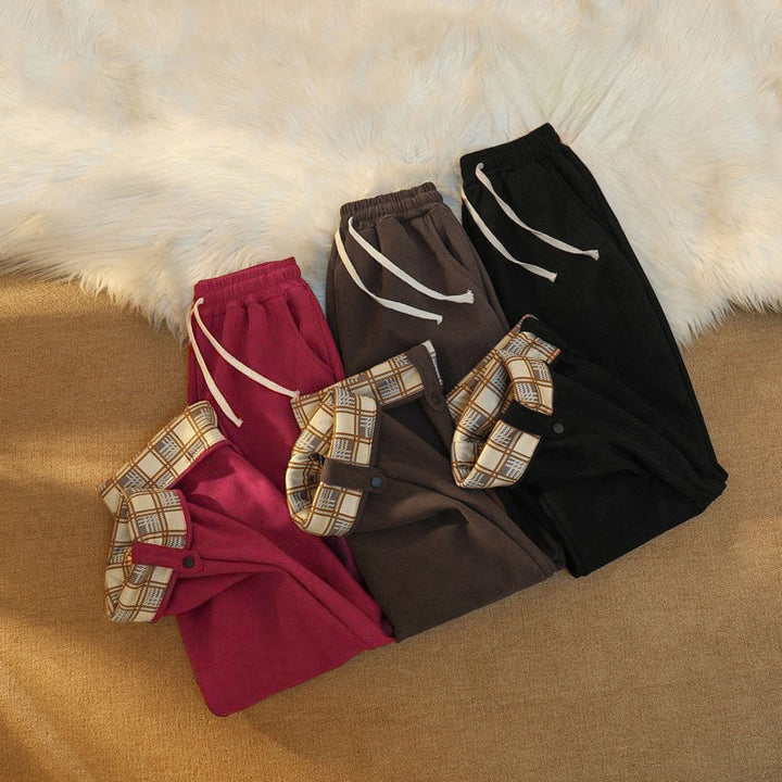 Pantalon large en velours côtelé de coton patchwork pour femme Buddha Stones, doublé polaire, avec poches - image 42