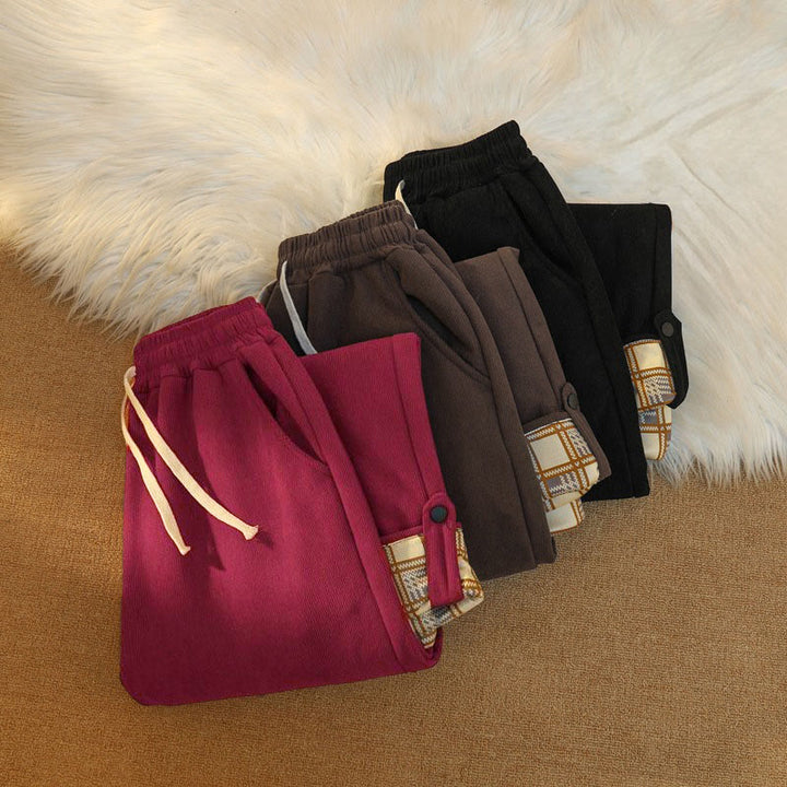 Pantalon large en velours côtelé de coton patchwork pour femme Buddha Stones, doublé polaire, avec poches - image 43