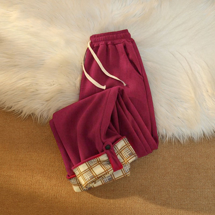 Pantalon large en velours côtelé de coton patchwork pour femme Buddha Stones, doublé polaire, avec poches - image 38