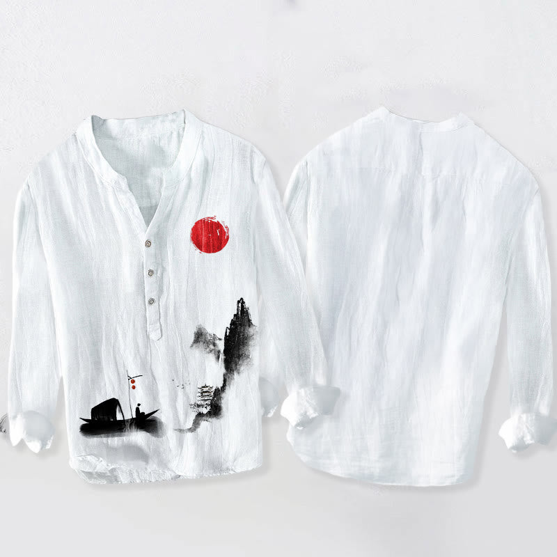 Chemise à manches longues en coton et lin pour homme , Buddha Stones , montagnes, bateau de pêcheur, soleil rouge, demi-boutons - image 2