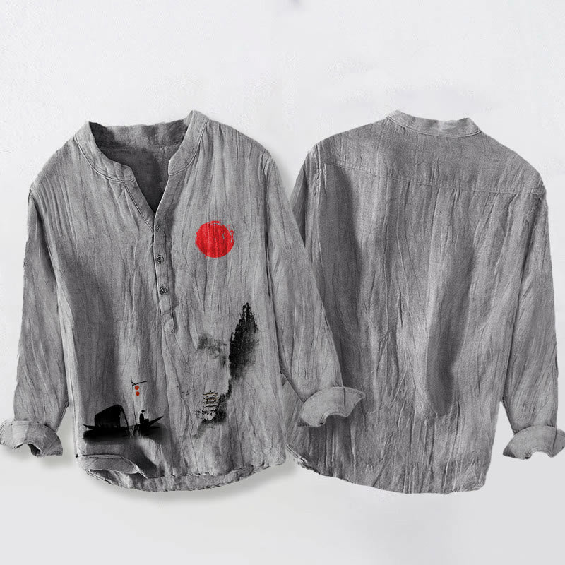 Chemise à manches longues en coton et lin pour homme , Buddha Stones , montagnes, bateau de pêcheur, soleil rouge, demi-boutons - image 5