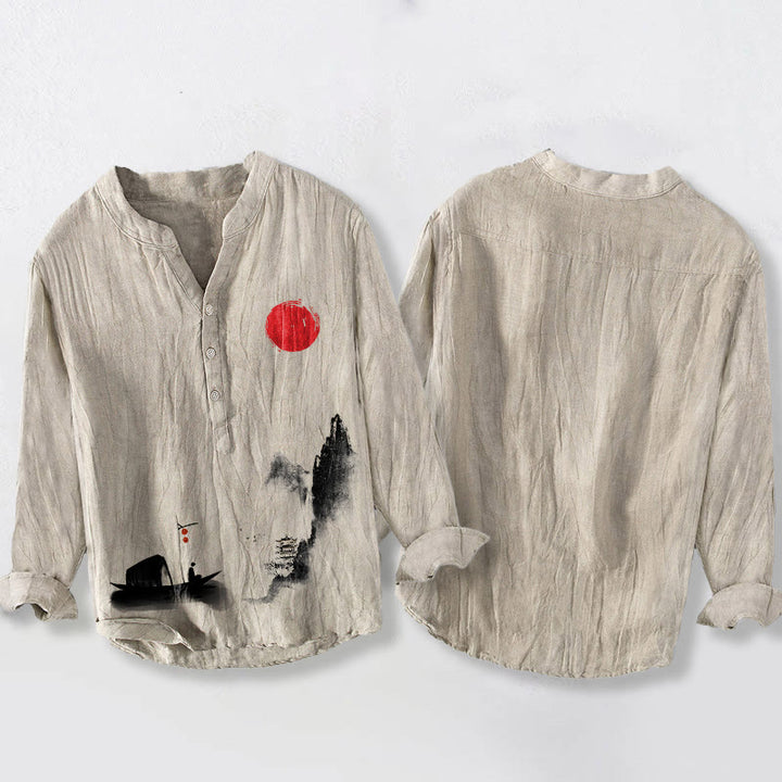 Chemise à manches longues en coton et lin pour homme , Buddha Stones , montagnes, bateau de pêcheur, soleil rouge, demi-boutons - image 8