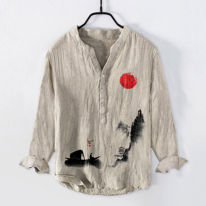 Chemise à manches longues en coton et lin pour homme , Buddha Stones , montagnes, bateau de pêcheur, soleil rouge, demi-boutons - Lin - US/UK/AU50，EU60 (5XL) - image 6