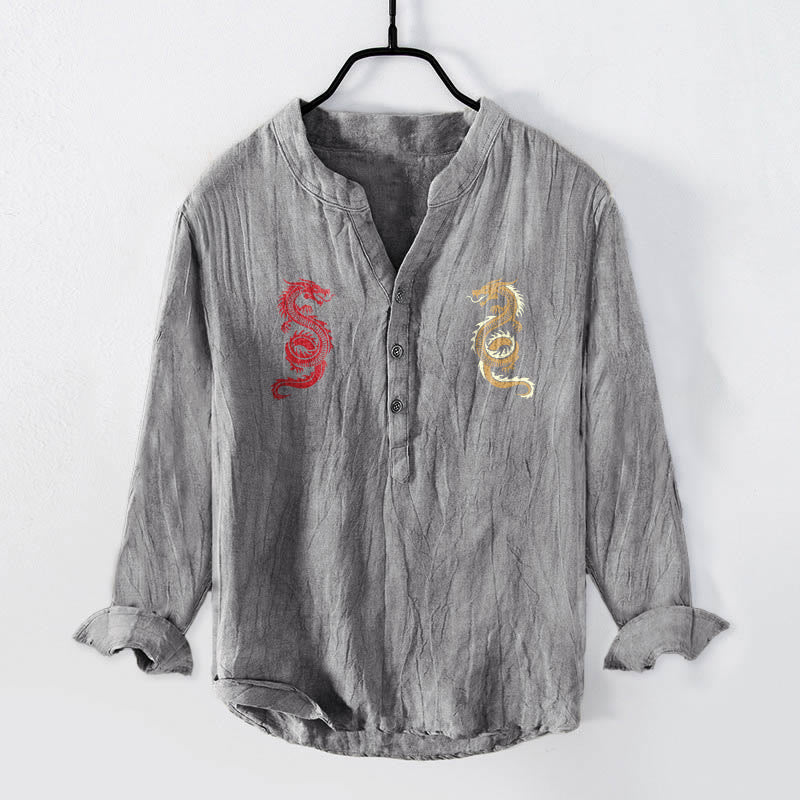 Chemise à manches longues pour homme en coton et lin, motif double dragon et Buddha Stones - Gris - US/UK/AU50，EU60 (5XL) - image 0