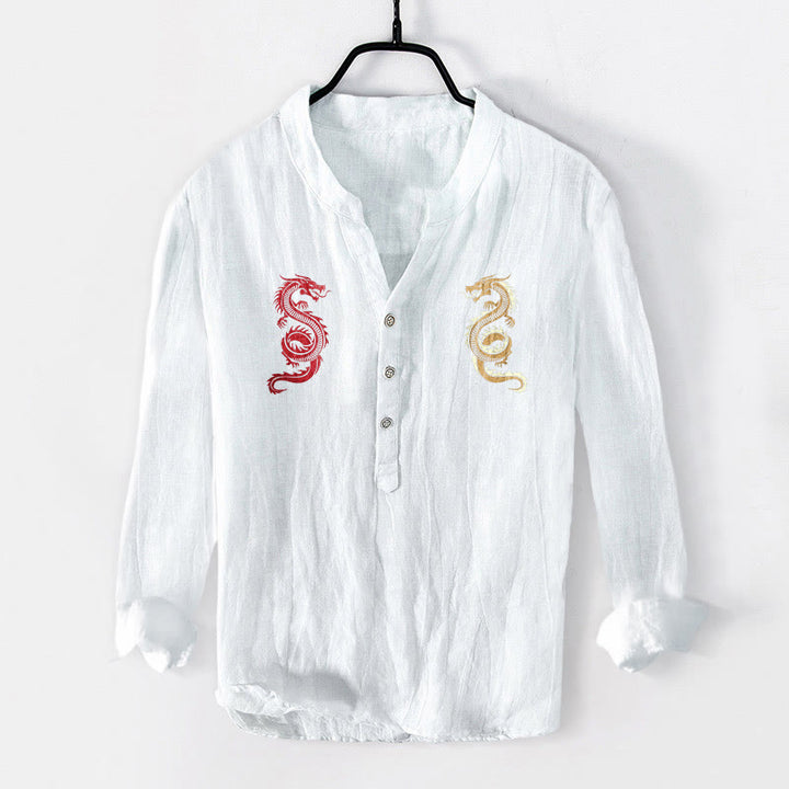 Chemise à manches longues pour homme en coton et lin, motif double dragon et Buddha Stones - Blanc - US/UK/AU50，EU60 (5XL) - image 3