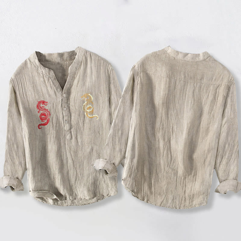 Chemise à manches longues pour homme en coton et lin, motif double dragon et Buddha Stones - image 8