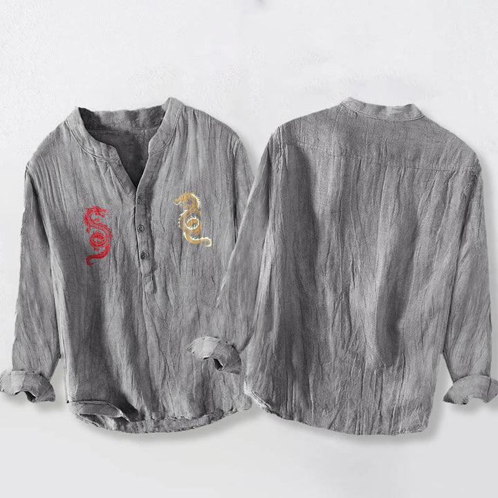 Chemise à manches longues pour homme en coton et lin, motif double dragon et Buddha Stones - image 2