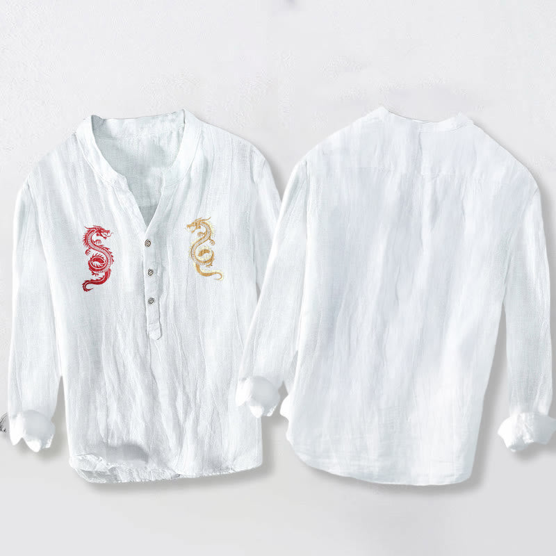 Chemise à manches longues pour homme en coton et lin, motif double dragon et Buddha Stones - image 5