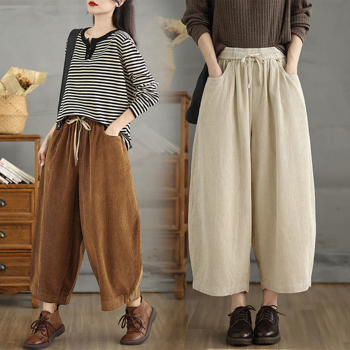 Pantalon en velours côtelé à cordon de serrage contrasté pour femme Buddha Stones avec poches - image 11