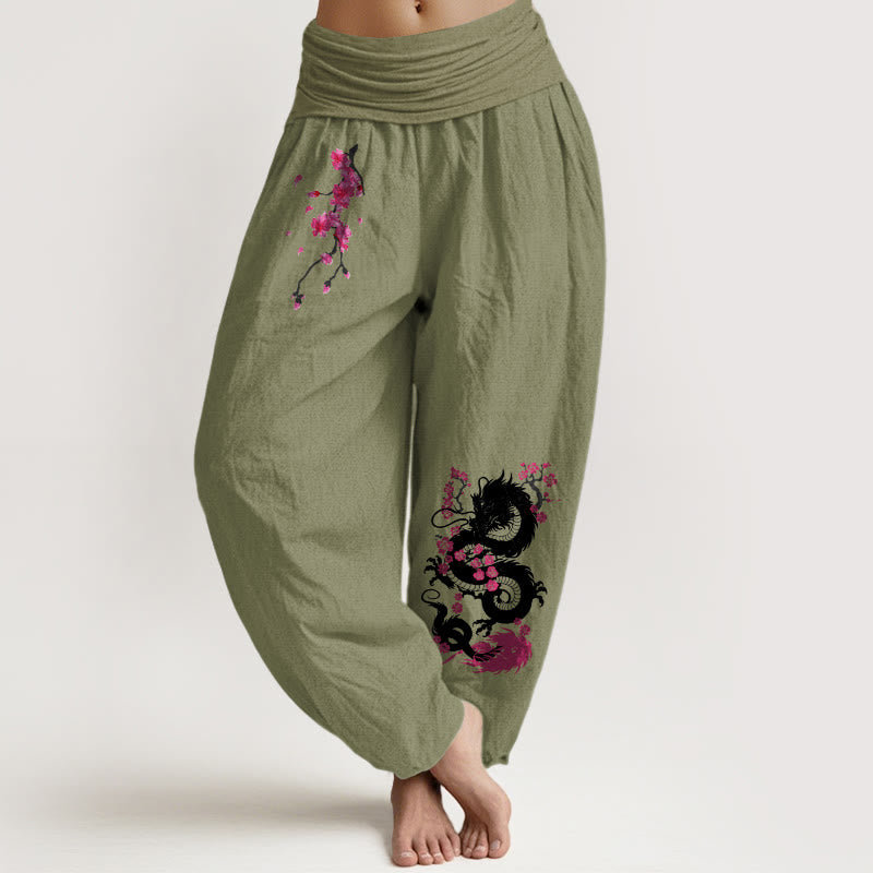 Buddha Stones Pantalon harem en coton à taille élastique pour femme, motif fleurs de cerisier et dragon - Vert olive - US16，UK/AU20，EU48 (3XL) - image 8