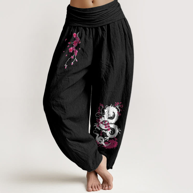 Buddha Stones Pantalon harem en coton à taille élastique pour femme, motif fleurs de cerisier et dragon - Noir - US16，UK/AU20，EU48 (3XL) - image 11