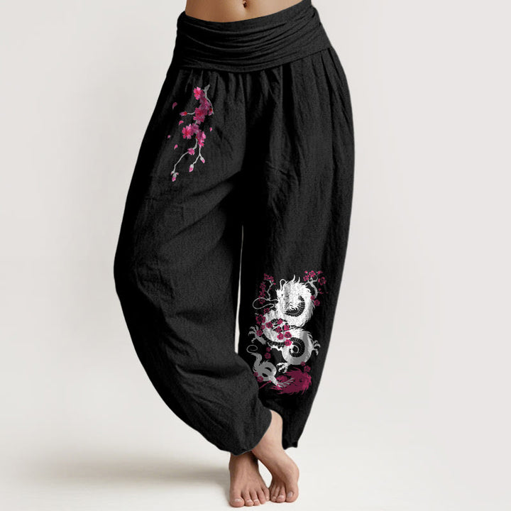 Buddha Stones Pantalon harem en coton à taille élastique pour femme, motif fleurs de cerisier et dragon - Noir - US16，UK/AU20，EU48 (3XL) - image 11