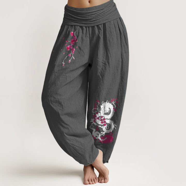 Buddha Stones Pantalon harem en coton à taille élastique pour femme, motif fleurs de cerisier et dragon - Gris sombre - US16，UK/AU20，EU48 (3XL) - image 0