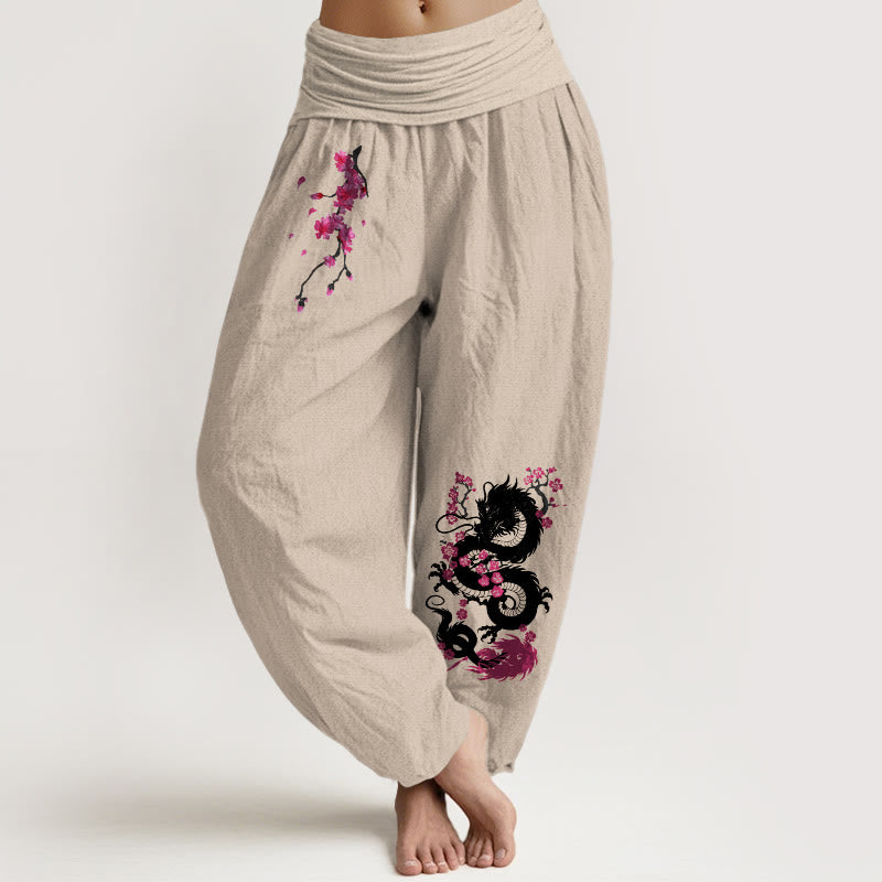 Buddha Stones Pantalon harem en coton à taille élastique pour femme, motif fleurs de cerisier et dragon - Tanné - US16，UK/AU20，EU48 (3XL) - image 5