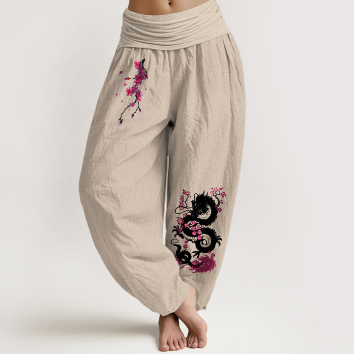Buddha Stones Pantalon harem en coton à taille élastique pour femme, motif fleurs de cerisier et dragon - Tanné - US16，UK/AU20，EU48 (3XL) - image 5