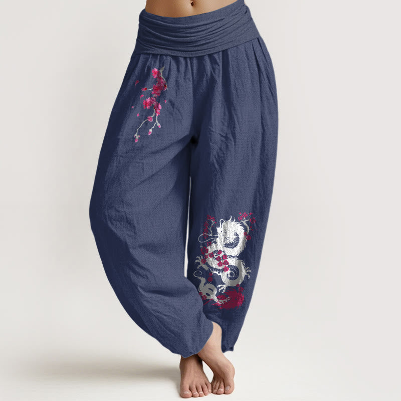 Buddha Stones Pantalon harem en coton à taille élastique pour femme, motif fleurs de cerisier et dragon - Bleu ardoise foncé - US16，UK/AU20，EU48 (3XL) - image 14