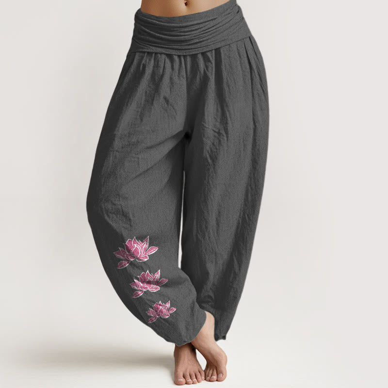 Buddha Stones Pantalon harem décontracté en pur coton à motif lotus et taille élastique pour femme - Gris sombre - US16，UK/AU20，EU48 (3XL) - image 0
