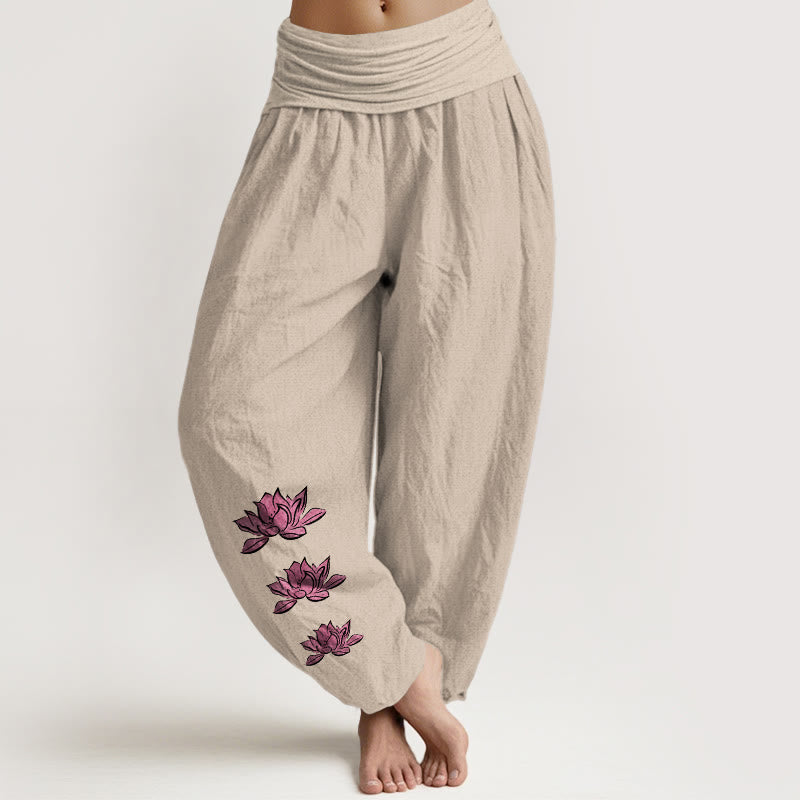Buddha Stones Pantalon harem décontracté en pur coton à motif lotus et taille élastique pour femme - Tanné - US16，UK/AU20，EU48 (3XL) - image 5