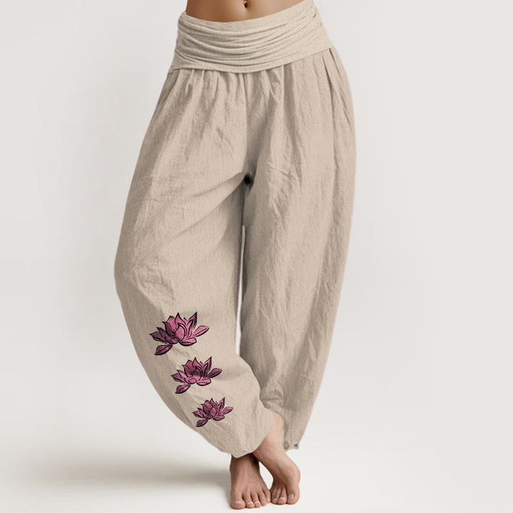 Buddha Stones Pantalon harem décontracté en pur coton à motif lotus et taille élastique pour femme - Tanné - US16，UK/AU20，EU48 (3XL) - image 5