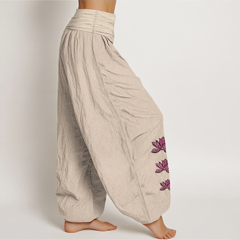 Buddha Stones Pantalon harem décontracté en pur coton à motif lotus et taille élastique pour femme - image 7
