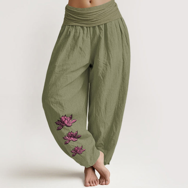 Buddha Stones Pantalon harem décontracté en pur coton à motif lotus et taille élastique pour femme - Vert olive - US16，UK/AU20，EU48 (3XL) - image 8