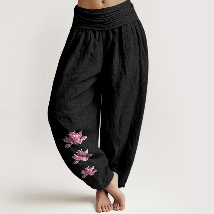 Buddha Stones Pantalon harem décontracté en pur coton à motif lotus et taille élastique pour femme - Noir - US16，UK/AU20，EU48 (3XL) - image 11