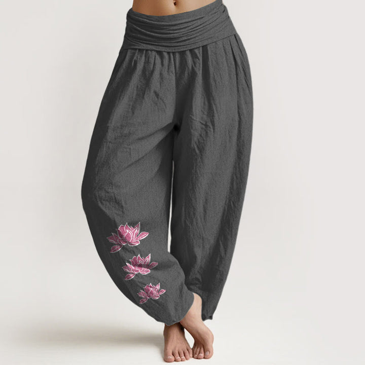 Buddha Stones Pantalon harem décontracté en pur coton à motif lotus et taille élastique pour femme - Gris sombre - US16，UK/AU20，EU48 (3XL) - image 0