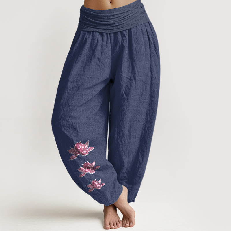Buddha Stones Pantalon harem décontracté en pur coton à motif lotus et taille élastique pour femme - Bleu ardoise foncé - US16，UK/AU20，EU48 (3XL) - image 14