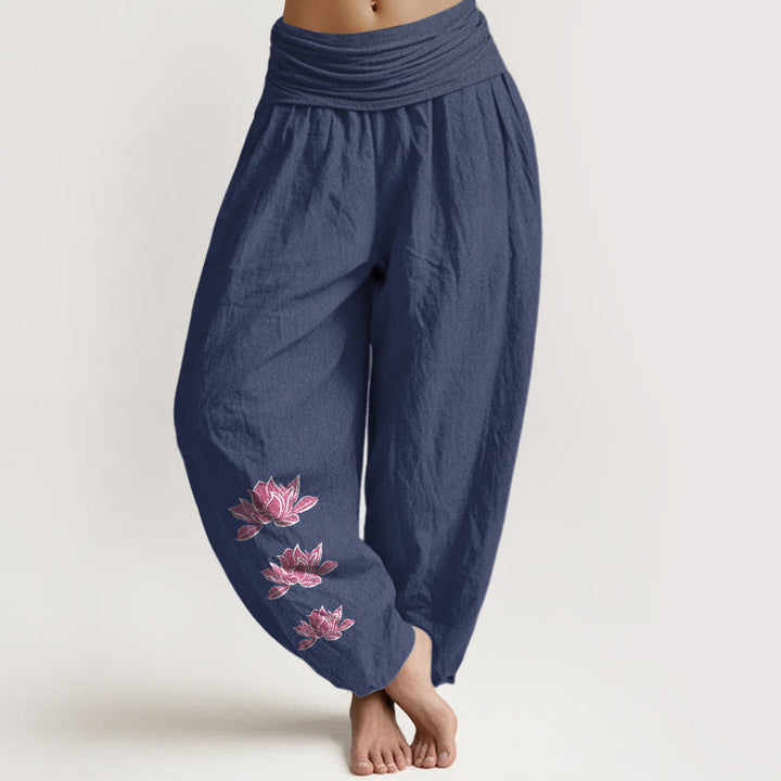 Buddha Stones Pantalon harem décontracté en pur coton à motif lotus et taille élastique pour femme - Bleu ardoise foncé - US16，UK/AU20，EU48 (3XL) - image 14