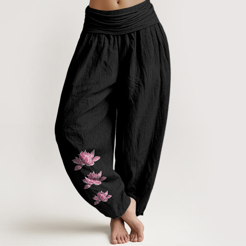 Buddha Stones Pantalon harem décontracté en pur coton à motif lotus et taille élastique pour femme - Noir - US16，UK/AU20，EU48 (3XL) - image 11