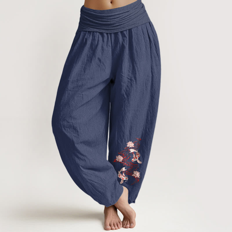 Buddha Stones Pantalon harem pour femme en pur coton, motif lotus et carpes koï, taille élastique - Bleu ardoise foncé - US16，UK/AU20，EU48 (3XL) - image 5