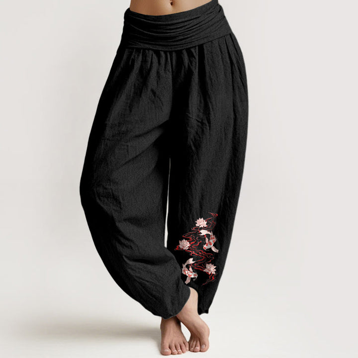 Buddha Stones Pantalon harem pour femme en pur coton, motif lotus et carpes koï, taille élastique - Noir - US16，UK/AU20，EU48 (3XL) - image 0
