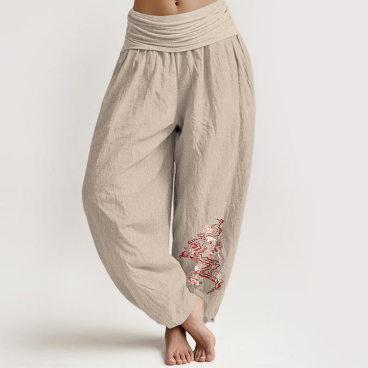 Buddha Stones Pantalon harem pour femme en pur coton, motif lotus et carpes koï, taille élastique - Tanné - US16，UK/AU20，EU48 (3XL) - image 11