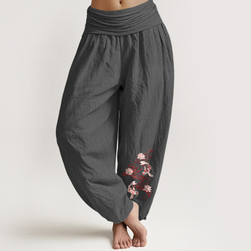 Buddha Stones Pantalon harem pour femme en pur coton, motif lotus et carpes koï, taille élastique - Gris sombre - US16，UK/AU20，EU48 (3XL) - image 8