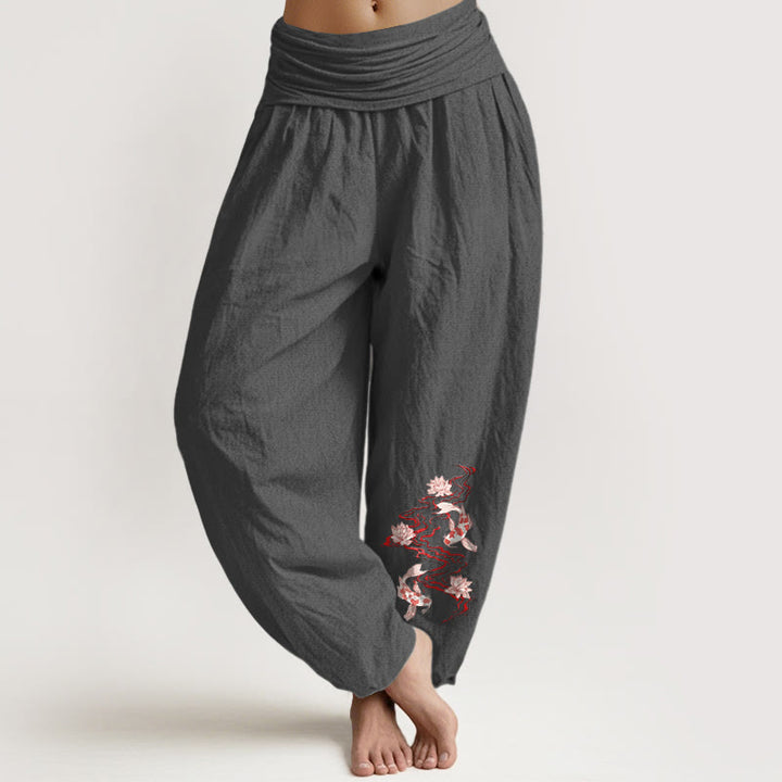 Buddha Stones Pantalon harem pour femme en pur coton, motif lotus et carpes koï, taille élastique - Gris sombre - US16，UK/AU20，EU48 (3XL) - image 8