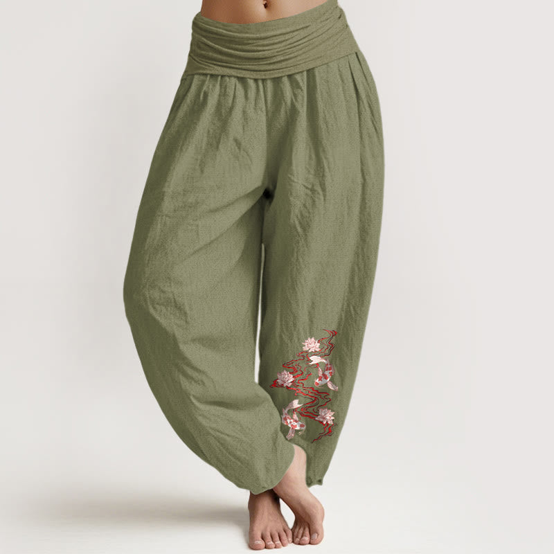 Buddha Stones Pantalon harem pour femme en pur coton, motif lotus et carpes koï, taille élastique - Vert olive - US16，UK/AU20，EU48 (3XL) - image 14