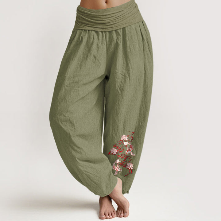 Buddha Stones Pantalon harem pour femme en pur coton, motif lotus et carpes koï, taille élastique - Vert olive - US16，UK/AU20，EU48 (3XL) - image 14