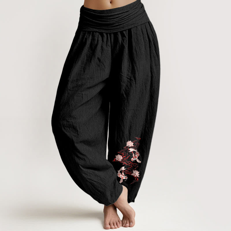 Buddha Stones Pantalon harem pour femme en pur coton, motif lotus et carpes koï, taille élastique - Noir - US16，UK/AU20，EU48 (3XL) - image 0