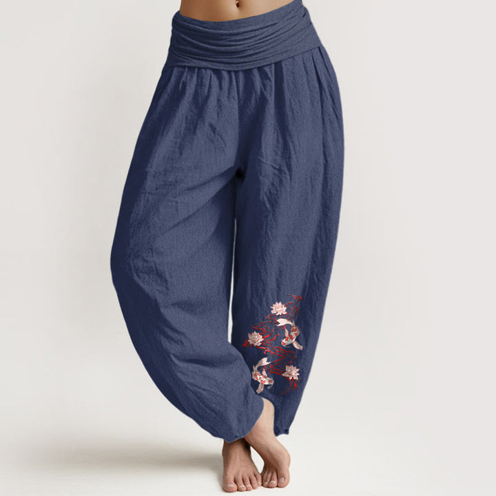 Buddha Stones Pantalon harem pour femme en pur coton, motif lotus et carpes koï, taille élastique - Bleu ardoise foncé - US16，UK/AU20，EU48 (3XL) - image 5