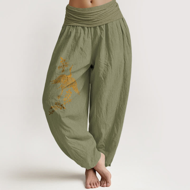 Buddha Stones Pantalon harem en coton à taille élastique pour femme, motif de grues et de feuilles florales - Vert olive - US16，UK/AU20，EU48 (3XL) - image 14