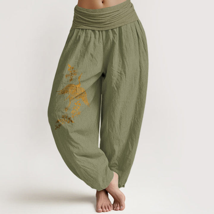 Buddha Stones Pantalon harem en coton à taille élastique pour femme, motif de grues et de feuilles florales - Vert olive - US16，UK/AU20，EU48 (3XL) - image 14
