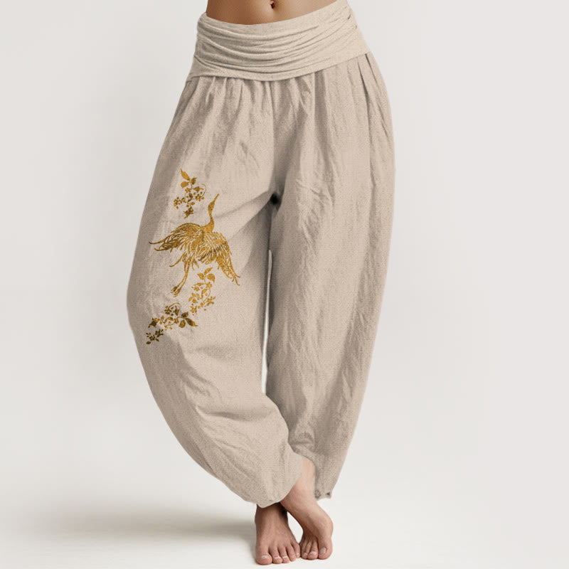 Buddha Stones Pantalon harem en coton à taille élastique pour femme, motif de grues et de feuilles florales - Tanné - US16，UK/AU20，EU48 (3XL) - image 11