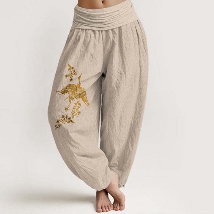 Buddha Stones Pantalon harem en coton à taille élastique pour femme, motif de grues et de feuilles florales - Tanné - US16，UK/AU20，EU48 (3XL) - image 11