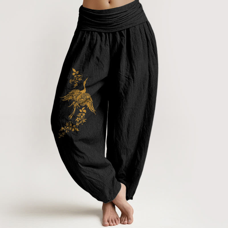 Buddha Stones Pantalon harem en coton à taille élastique pour femme, motif de grues et de feuilles florales - Noir - US16，UK/AU20，EU48 (3XL) - image 0