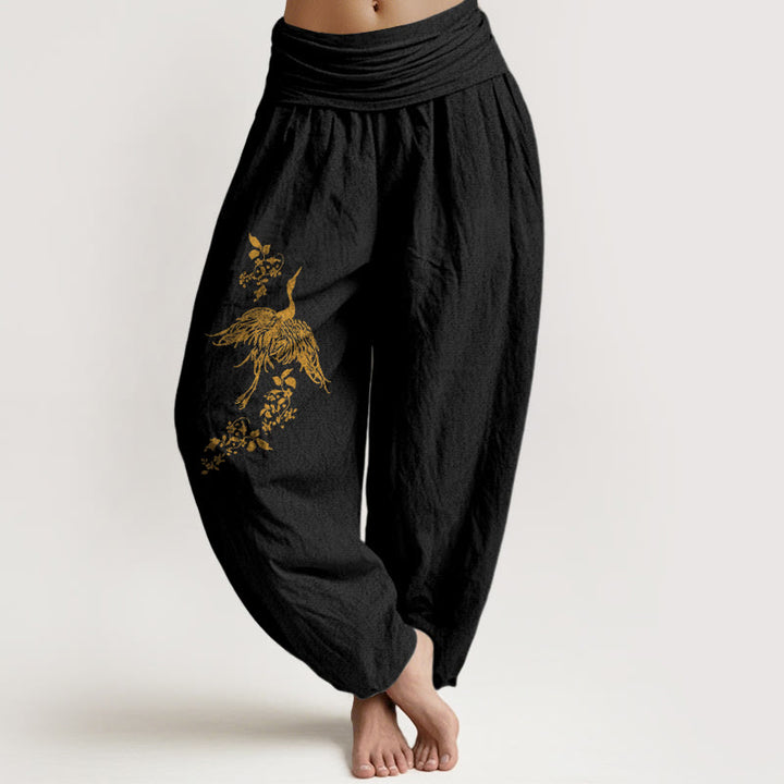 Buddha Stones Pantalon harem en coton à taille élastique pour femme, motif de grues et de feuilles florales - Noir - US16，UK/AU20，EU48 (3XL) - image 0